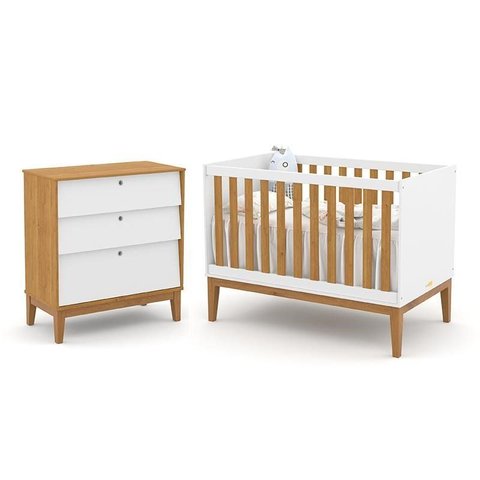 Jogo de Quarto Infantil Unique com Cômoda 3 Gavetas e Berço Branco Soft/freijó/eco Wood - Matic Móve
