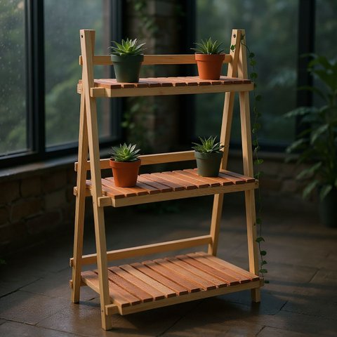 Floreira Estante para Área Externa ? 3 Prateleiras Removíveis, Madeira Maciça, Acabamento Natural