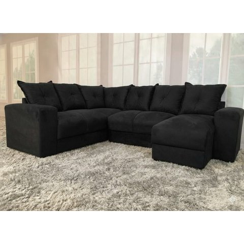 Sofá de Canto Estofado Alice com Chaise Suede Preto Al Móveis