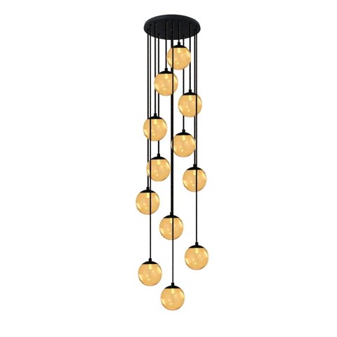 Pendente Moderno Preto 60cm Pé Direito Alto Sala Escada Arevo Iluminação 82p12 Vidro Âmbar