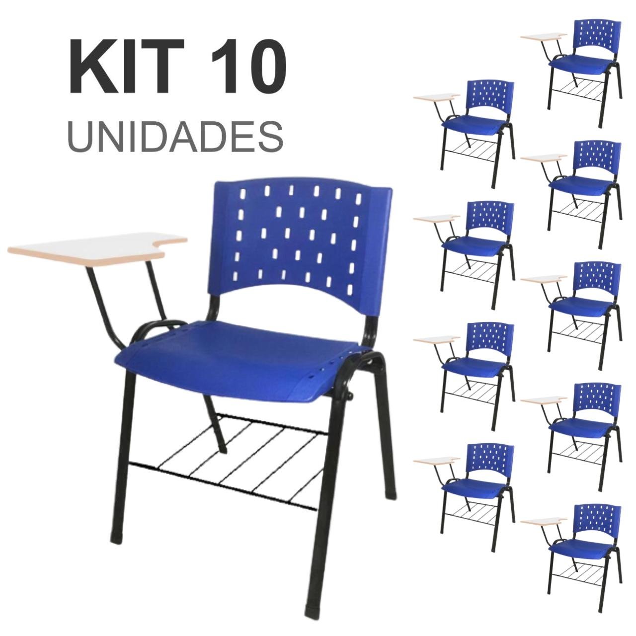 KIT 10 Cadeiras Universitárias com Prancheta e Porta Livros - Cor Azul - REAPLAST - 32026 - 1