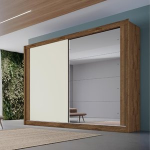 Guarda Roupa Creta 2 Portas 1 Porta Espelhada 100% Mdf Brauna Off White Brauna - Móveis Europa