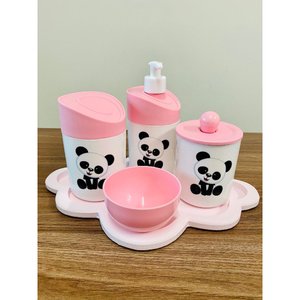 Kit Higiene Pandinha Baby - Rosa C/bandeja Nuvem Rosa