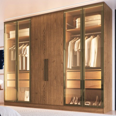 Guarda Roupa 4 Portas Reflecta com LED 4 Gavetas Berlim 100% MDF Marrom/Macadânia