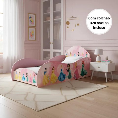 Cama Solteiro Infantil Princesa Rosa com Proteção Lateral Quarto Menina Moderna Completa