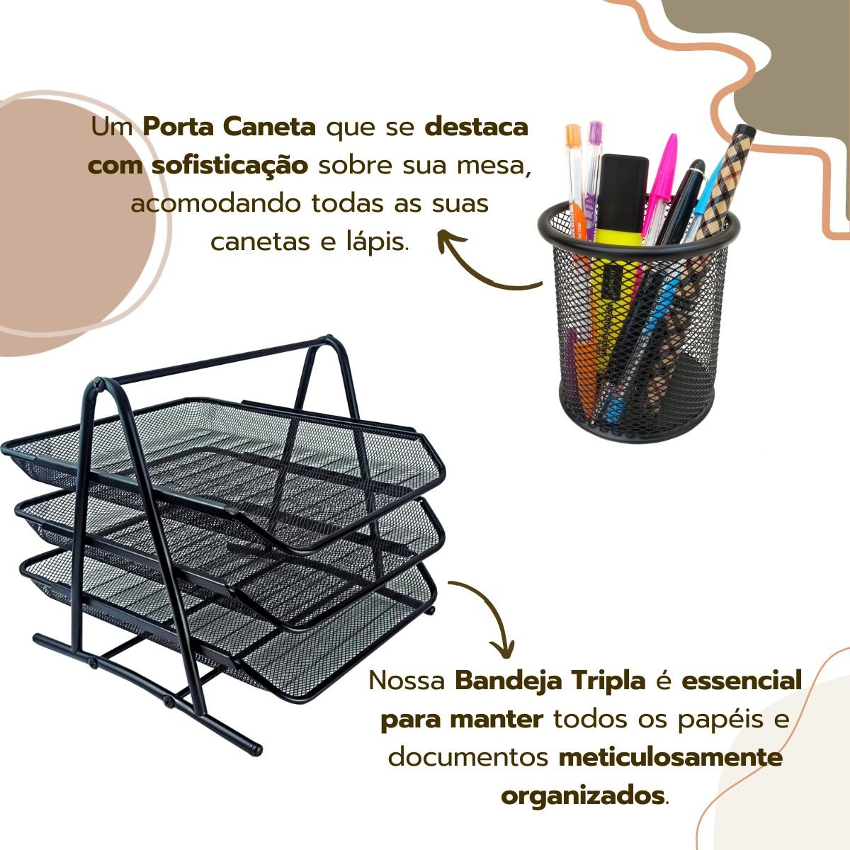 Kit Escritório Organizador Bandeja Lixeira Porta Lápis Lixo Preto - 3