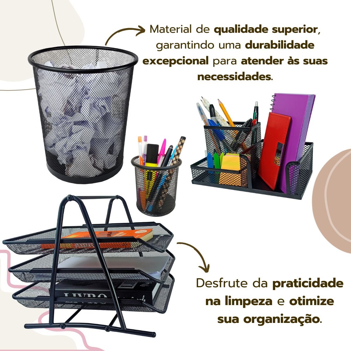 Kit Escritório Organizador Bandeja Lixeira Porta Lápis Lixo Preto - 7