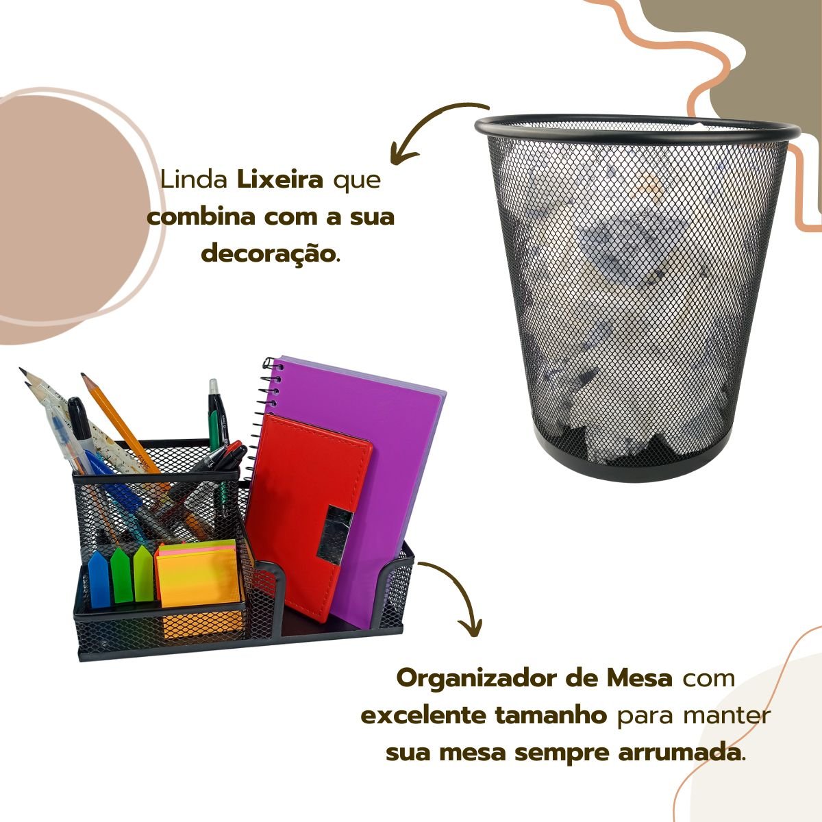 Kit Escritório Organizador Bandeja Lixeira Porta Lápis Lixo Preto - 4