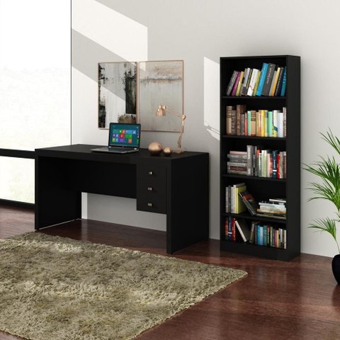 Kit Escritório com Mesa e Estante Multiuso Preto - Tecno