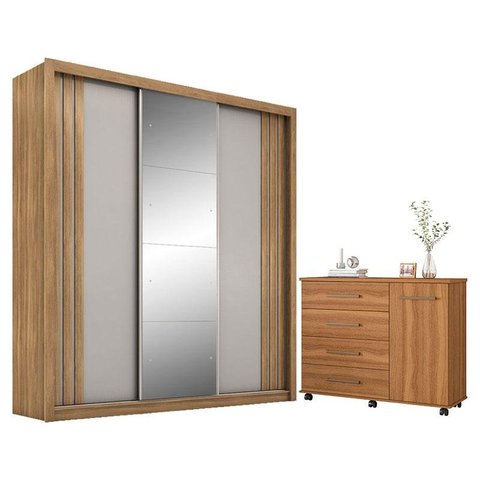 Cômoda Flora e Guarda Roupa Casal Moema Amêndola Nude Flex com Espelho – Demóbile