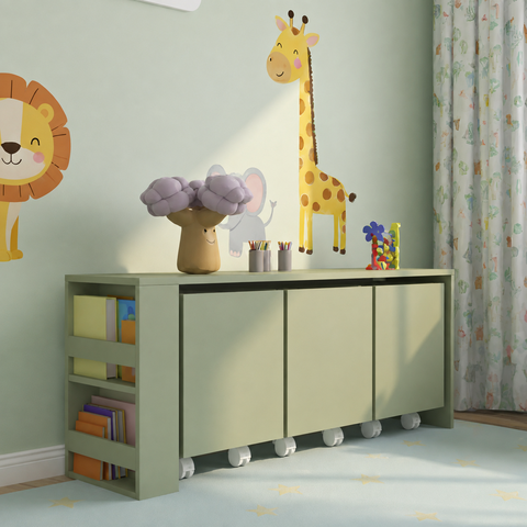 Mesa e Organizador Infantil com Estante de Livros e Rodízios de Silicone Cor Verde Jade
