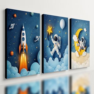 Kit 3 Quadro Decorativo Galáxia Astronauta Infantil Criança Qualidade Premium Moderno 40x28cm