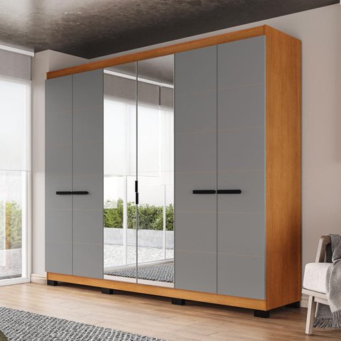 Roupeiro Lisboa 6 Portas com Espelho 4 Gavetas 242x214cm Freijó/Cinza 240855