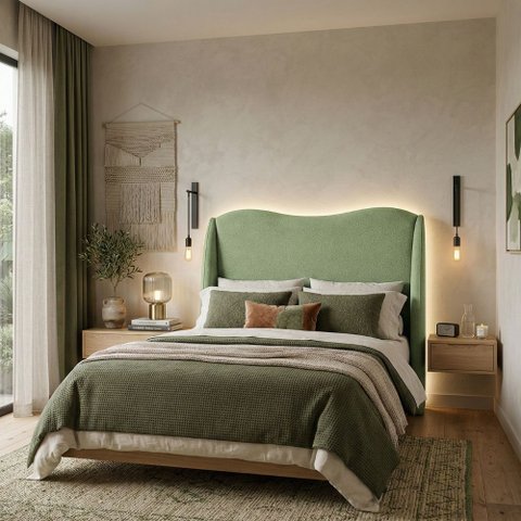 Cabeceira Cama Casal Queen Size Petala 160cm Orgânica Curva Bouclê Verde -Vimont Moveis