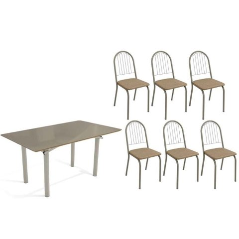 Conjunto: Mesa Sala Jantar Elba Tampo Madeirado C/ Vidro 160cm e 6 Cadeiras Noruega Niquel/freijo