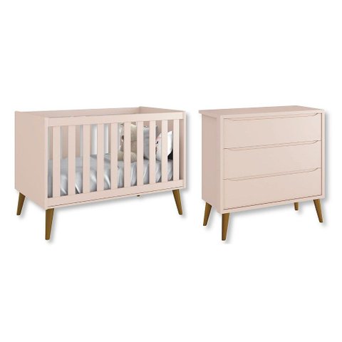 Quarto de Bebê Berço + Cômoda 3 Gavetas Rosa Theo Madeira