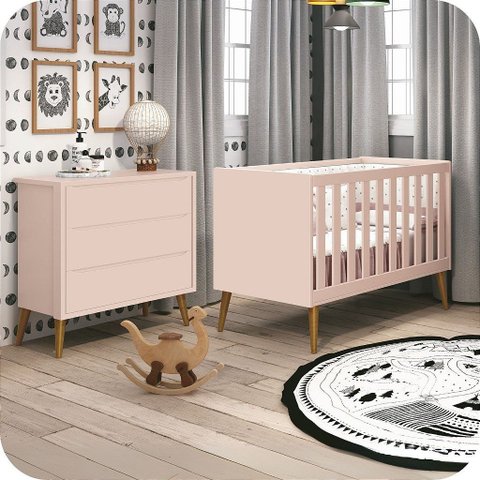 Quarto de Bebê Berço + Cômoda 3 Gavetas Rosa Theo Madeira