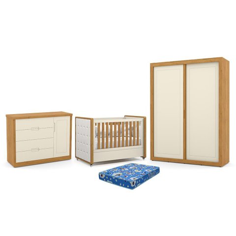 Dormitório Tutto New 2 Portas, Cômoda 1 Porta e Berço Off White/freijó com Capitonê e Colchão