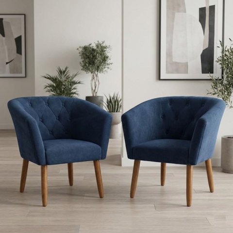 Jogo 2 Poltronas Estofadas Tecido Veludo Elegante para Sala de Espera Aconchegante Pés de Madeira Re