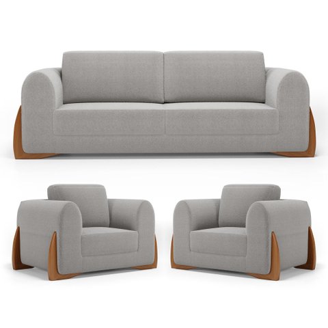 Kit 02 Poltronas e 01 Sofá Bloom 220cm 03 Lugares com Pés de Madeira Bouclê Cinza - Desk Design