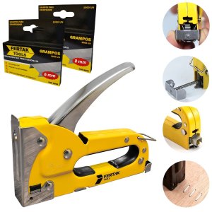 Grampeador Manual Tapeceiro Madeira Pressão + 1000 Grampos 6mm + 1000 Grampos 8mm