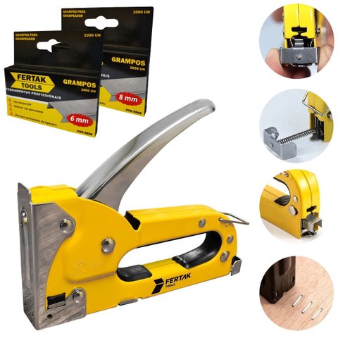Grampeador Manual Tapeceiro Madeira Pressão + 1000 Grampos 6mm + 1000 Grampos 8mm