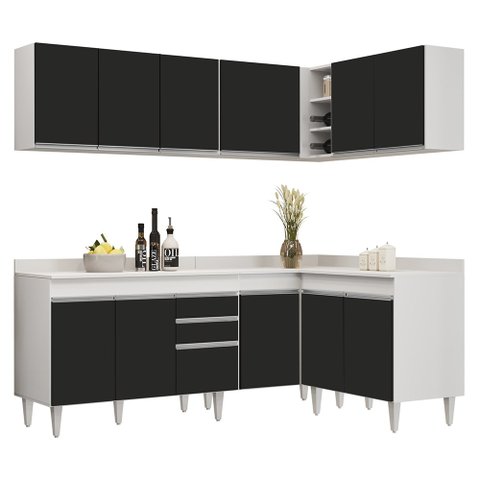 Armário de Cozinha Modulado de Canto 6 Peças Cp29 Balcão com Tampo Branco/preto - Lumil Lumil Móveis