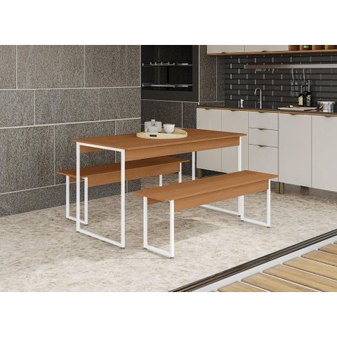 Mesa Escritório Desk com 2 Bancos Canela/branco