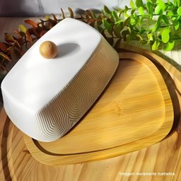 Manteigueira Oásis Branca em Cerâmica Base em Bambu 21cm - 4