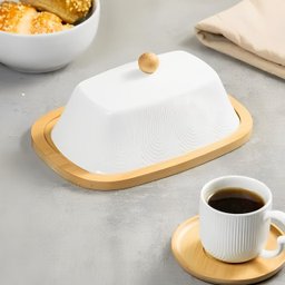 Manteigueira Oásis Branca em Cerâmica Base em Bambu 21cm - 3
