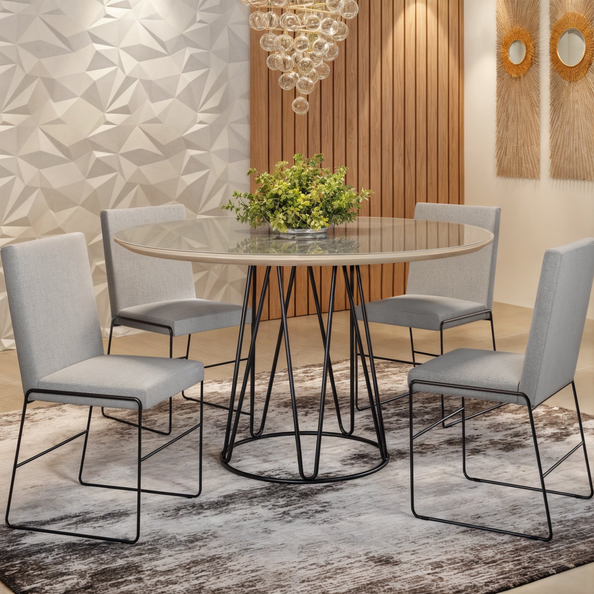 Conjunto Sala de Jantar Mesa 110cm Tampo MDF Laqueado/Vidro 4 Cadeiras Dubai Mais Decor - 1