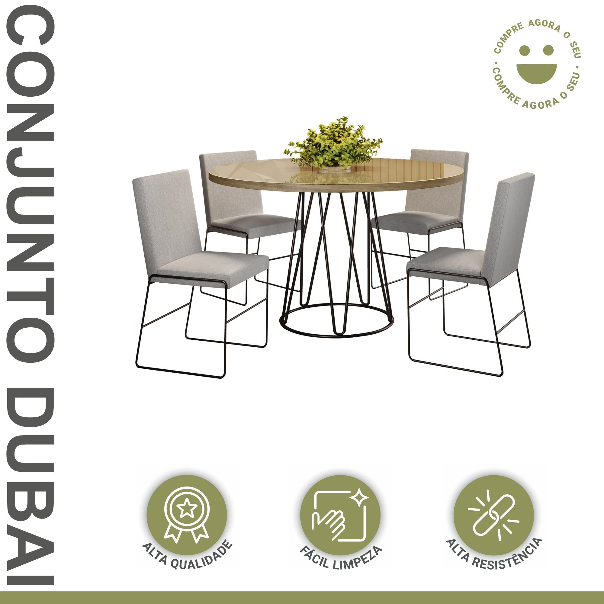Conjunto Sala de Jantar Mesa 110cm Tampo MDF Laqueado/Vidro 4 Cadeiras Dubai Mais Decor - 2