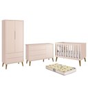 Ver imagem 1 de Dormitório Infantil Theo Retrô 2 Portas, Cômoda 1 Porta, Berço Rosa com Pés Amadeirado e Colchão D18