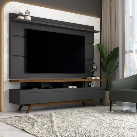 Rack com Painel para Tv até 72 Polegadas Armênia 3 Gavetas Black/freijó - Panorama Móveis