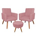 Ver imagem 1 de Kit 2 Poltronas e Puff Banqueta Redonda Nina Suede Pés Palito Castanho - Pallazio - Rosê