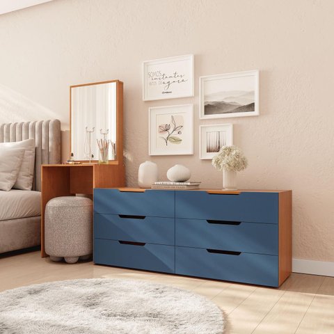 Cômoda Penteadeira Madri 6 Gavetas c/ Espelho 209x160cm Azul/Freijó 250805
