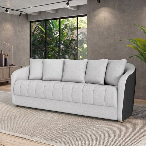 Sofá Living 220cm Linho 4 Lugares com 5 Almofadas Abba Cinza/Preto