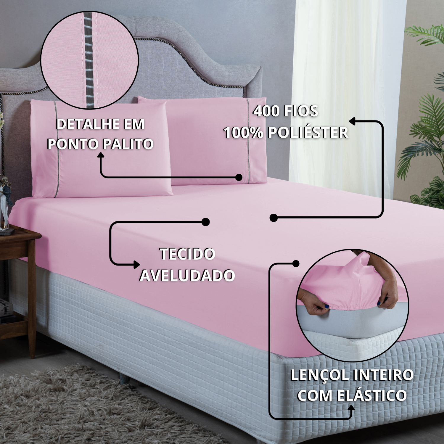 Jogo de Cama Super King 400 Fios Ponto Palito Micropercal 3 Peças Toque Macio Aveludado:rosa - 5