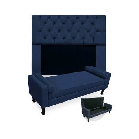 Jogo Com Cabeceira Mirage + Recamier Baú Fenix Solteiro 90 cm Suede Azul Marinho - LM DECOR