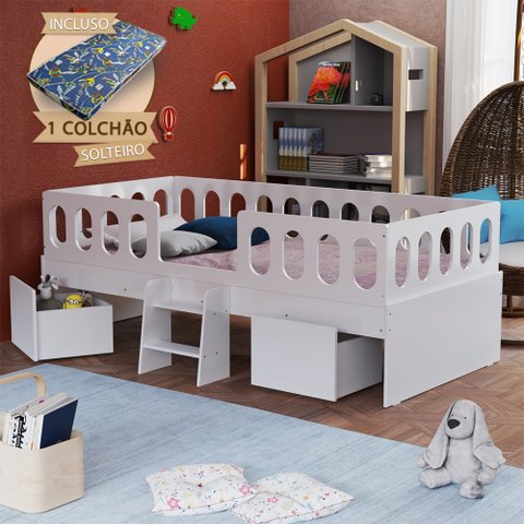 Cama Infantil Lara Solteiro com Nichos Escadinha e Colchão Branco - Baby Mobília