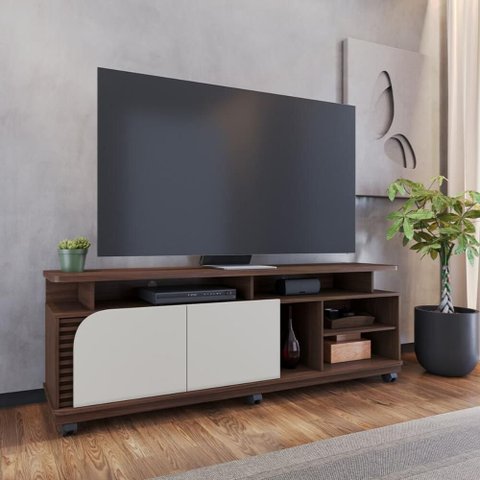 Rack para TV até 75 Polegadas com 2 Portas e Rodízios Multimóveis Crcol-RCK038 Nogueira/Off White