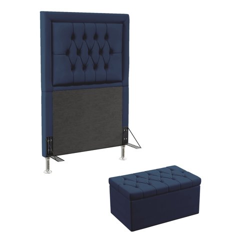 Kit Cabeceira Decorativa Para Cama Box Pegasus e Calçadeira Sagitarius 90 Solteiro Sued Azul Marinho