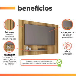 Painel para Tv até 75 Polegadas 1,80m Ripado com Prateleira França Fendi / Havana Caemmum - 4