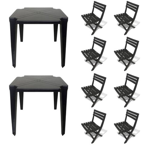 2 Mesas Quadradas Plástico Monobloco 70cm Preta + 8 Cadeiras Dobráveis