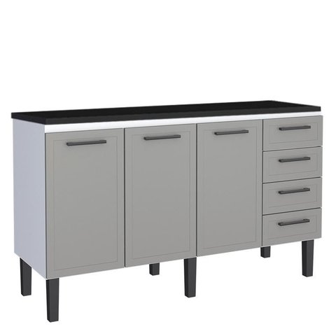 Balcão de Aço com Tampo Madeira 153x91x52cm 3 Portas 4 Gavetas Juno 160 Cozimax Cinza/preto