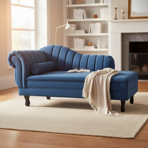 Recamier Decorativo Divã Amsterdã 147cm Lado Direito Couro Azul Marinho
