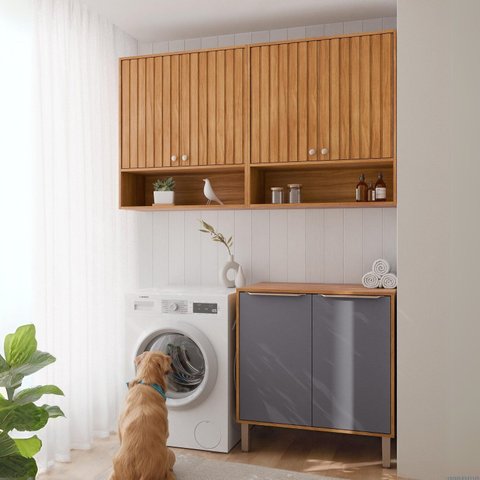 Armários Multiuso para Área de Serviço 3 Peças com 6 Portas Divina Marrom/Cinamomo/Titânio