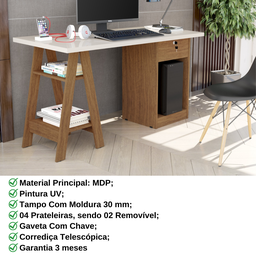Mesa de Estudo Escrivaninha Cavalete com Gaveta Bali:off White/ Canela - 3