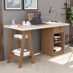 Mesa de Estudo Escrivaninha Cavalete com Gaveta Bali:off White/ Canela - 2
