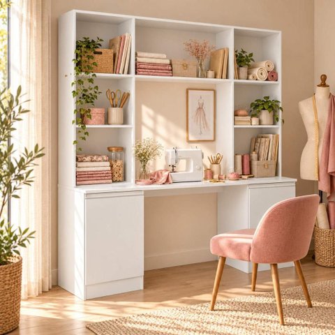 Mesa de Costura com Estante e 2 Portas para Ateliê 180cm Multimóveis MP6112 Branco